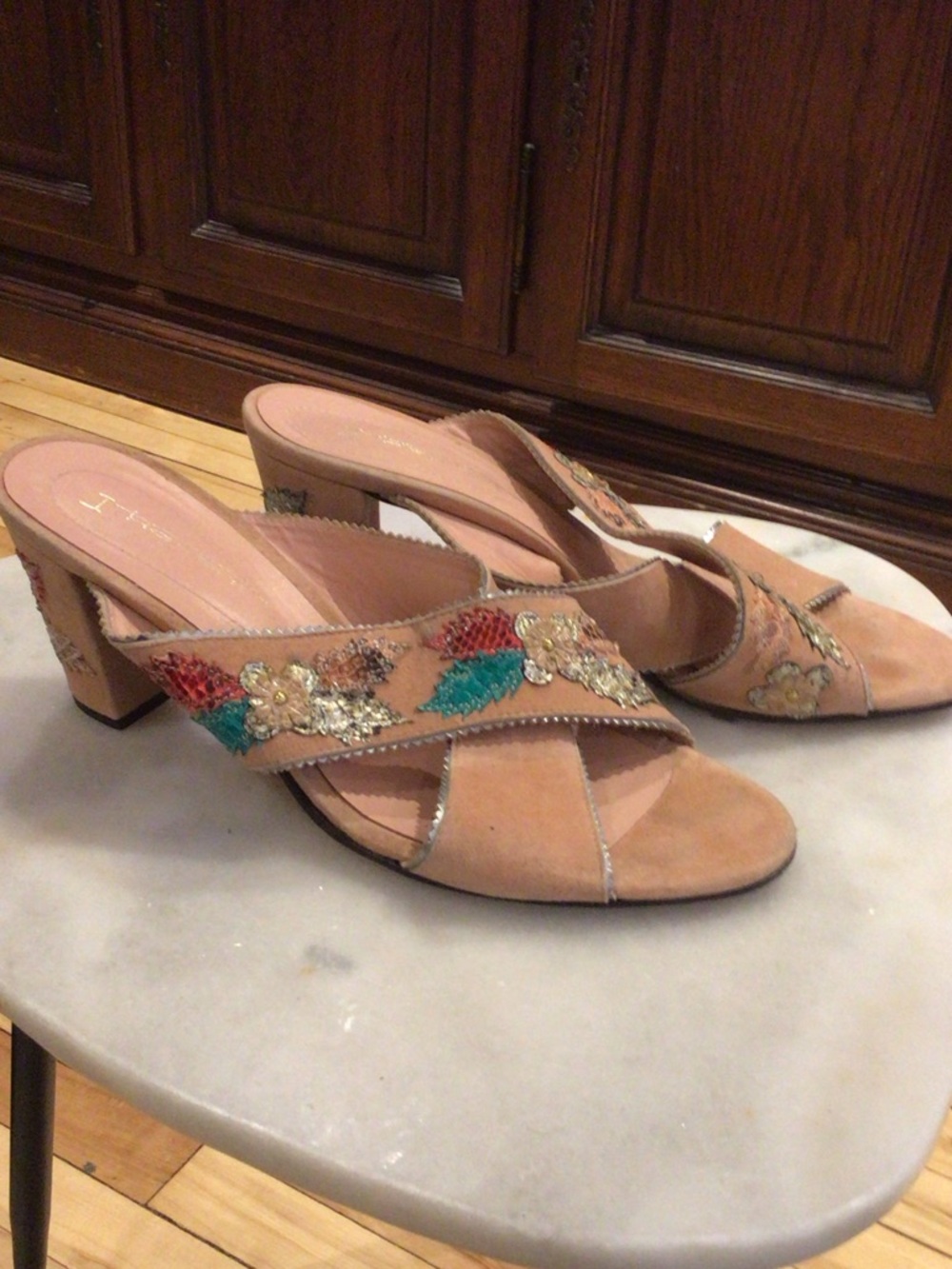 Beige Embellished Suede Slide Heels Size 41